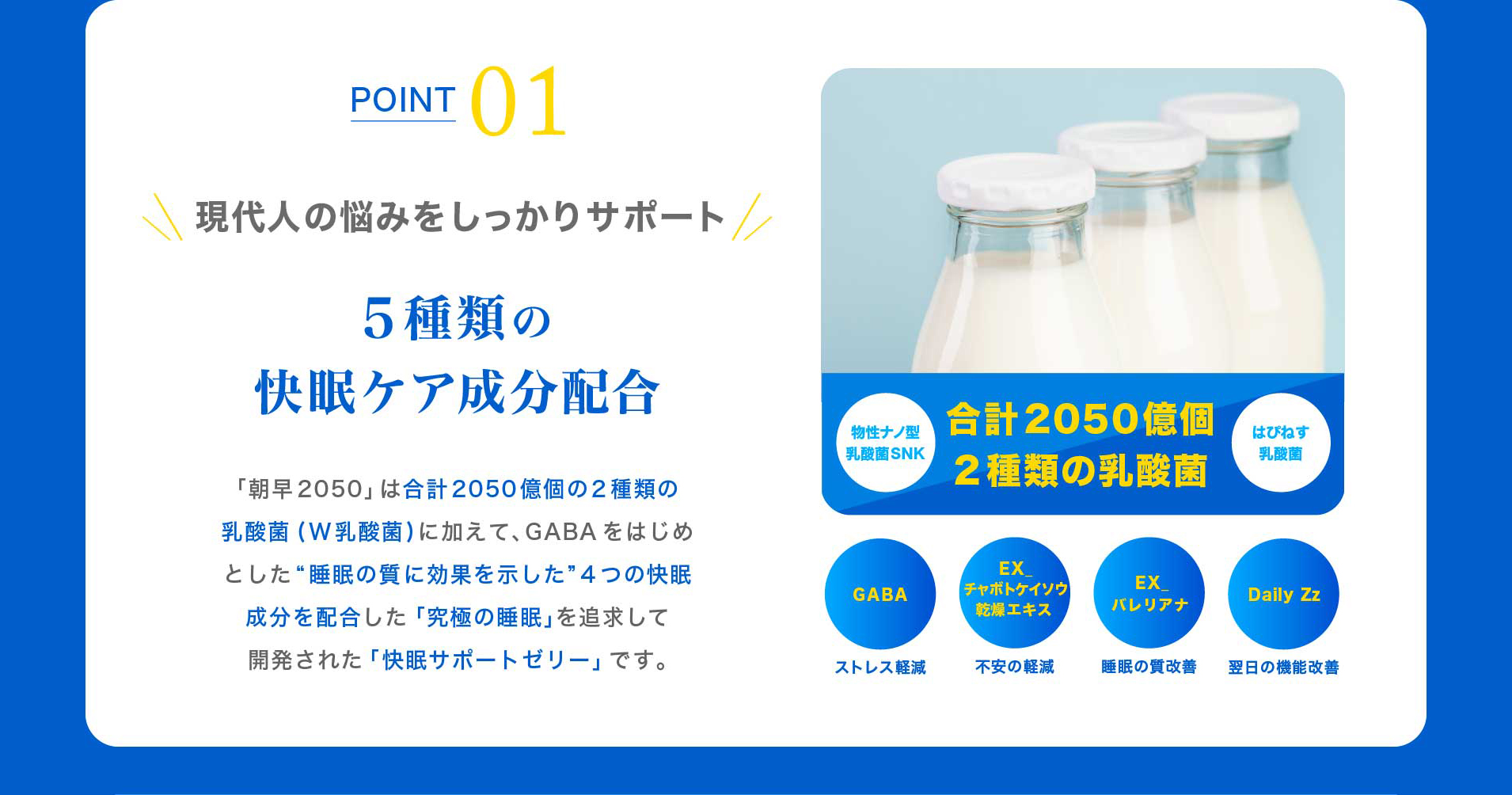 POINT 01 現代人の悩みをしっかりサポート ５種類の快眠ケア成分配合